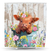 Lofaris Brown Cattle Colorful Flower Wood Shower Curtain